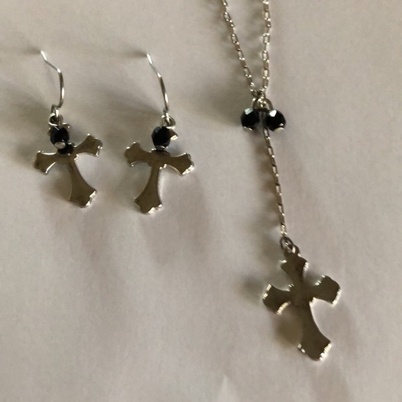 Silver Tone Cross Necklace Earring Set - Picture 1 of 2